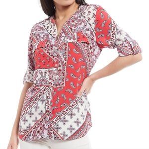 NWT Calvin Klein Women's Paisley Print Roll-Tab Blouse.